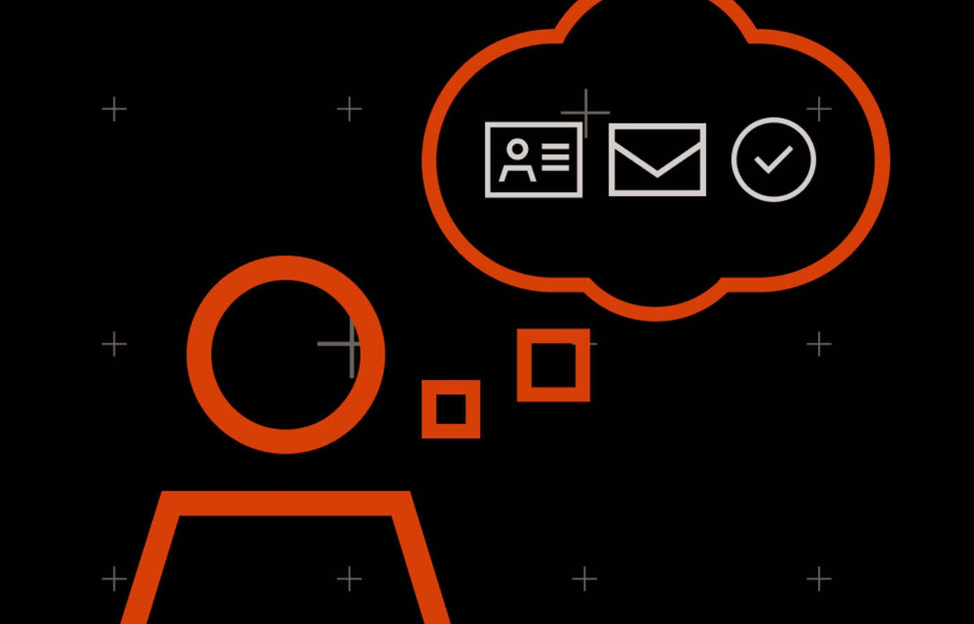 Person icon with a thought bubble containing a user ID, envelope, and check mark