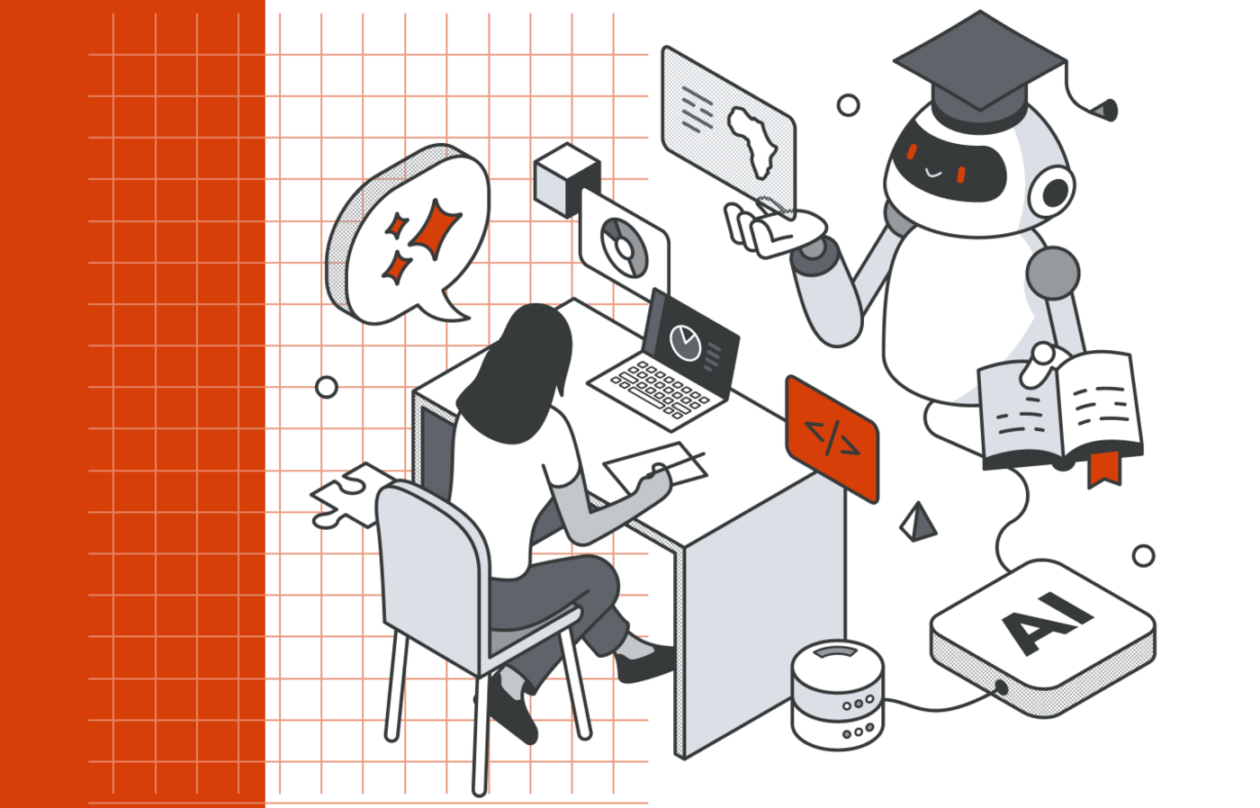 Illustration of a robot with a graudation cap assisting a student with a laptop.
