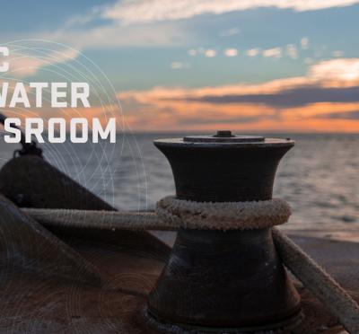 Ocean with the text: HMSC Seawater Classroom