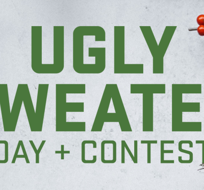 Holly leaves with text: Ugly Sweater Day + Contest