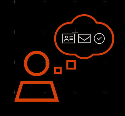 Person icon with a thought bubble containing a user ID, envelope, and check mark