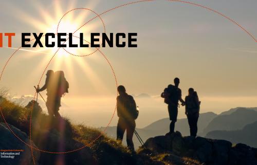 People hiking at sunset with text: IT Excellence