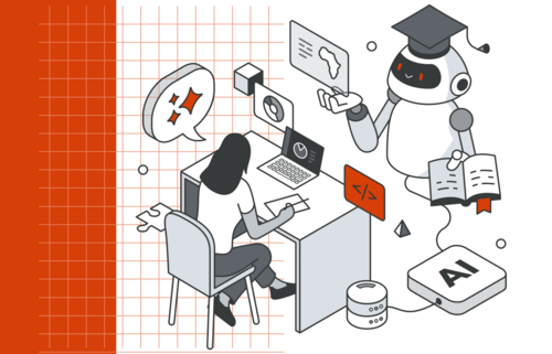 Illustration of a robot with a graudation cap assisting a student with a laptop.