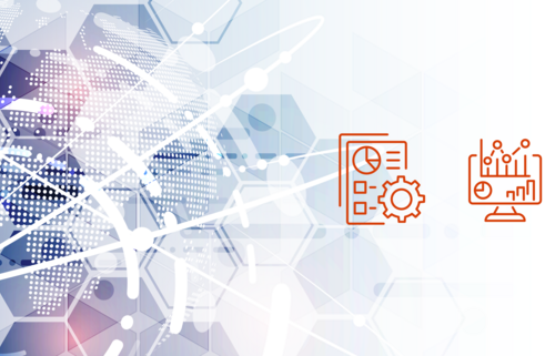 An abstract image with multicolored hexagons and illustrations that represent turning scientific ideas into software programs.
