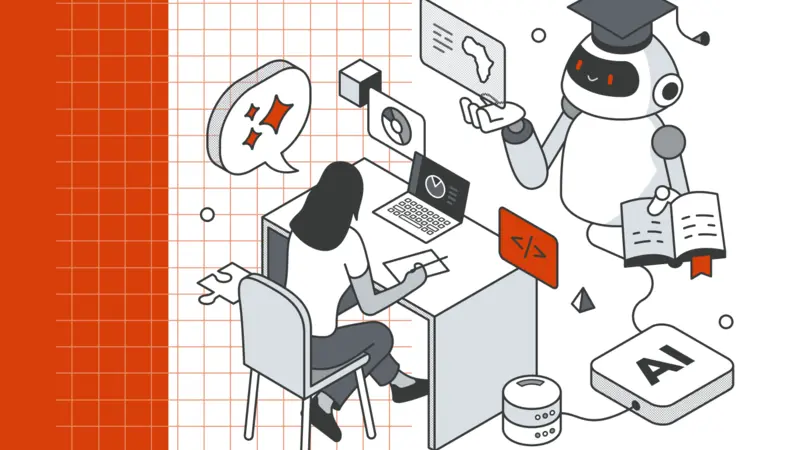 Illustration of a robot with a graudation cap assisting a student with a laptop.