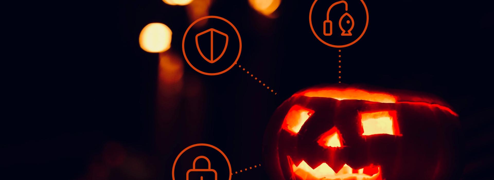 Jack o' Lantern surrounded by security-themed icons
